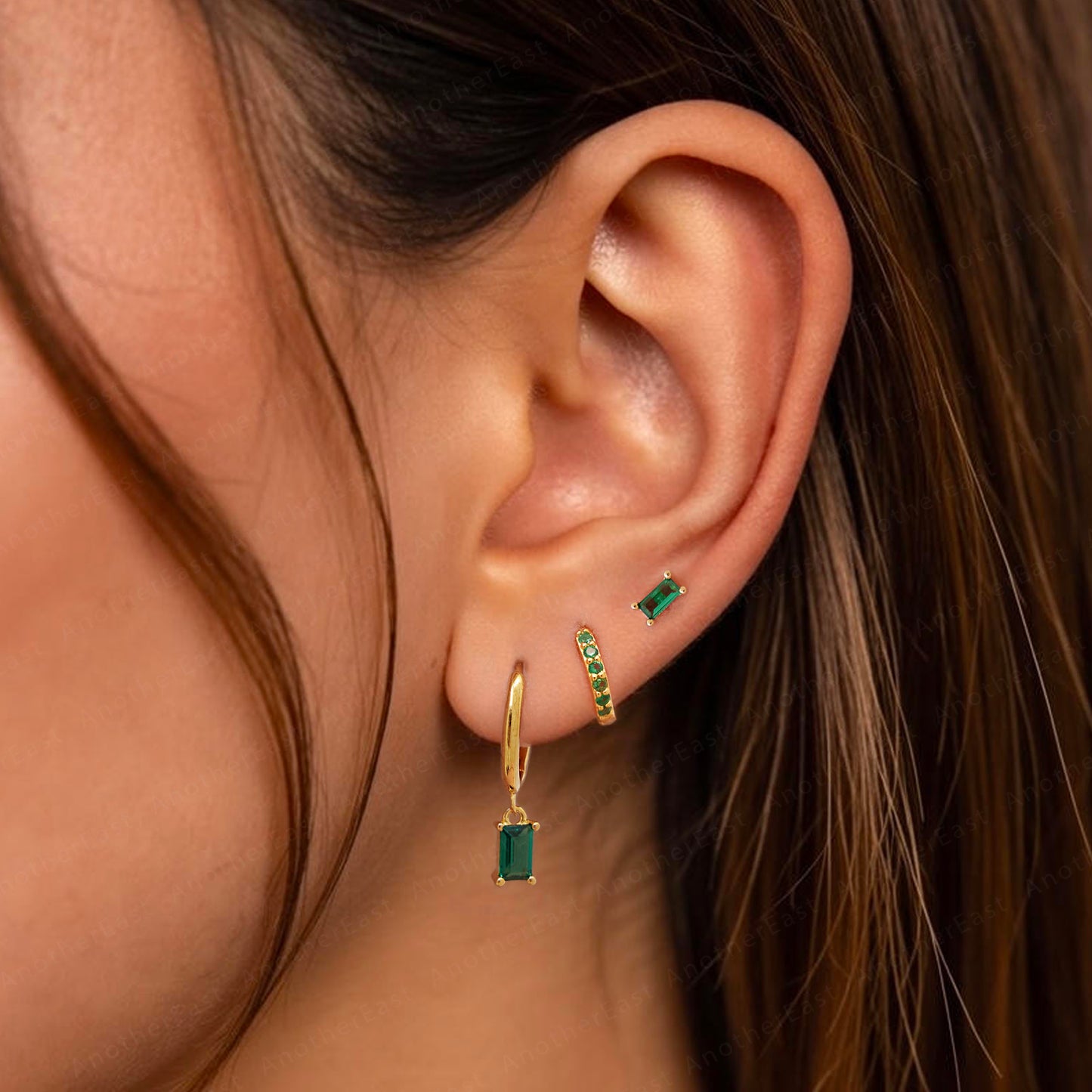 Emerald Baguette Dangle Hoop