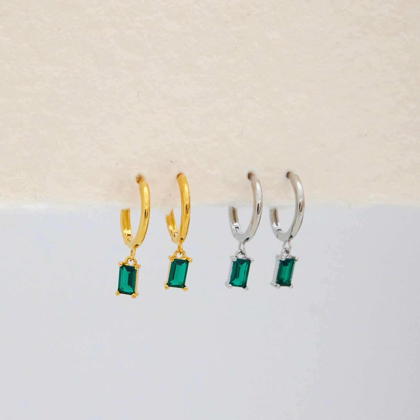 Emerald Baguette Dangle Hoop